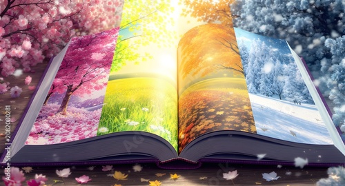  National Coloring Book Day concept with an open book showing four seasons—spring blossoms, summer meadow, autumn leaves, and winter snow—like finished coloring pages in one spread.