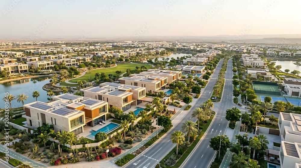 Fototapeta premium Modern luxury villas with solar panels and swimming pools in a desert oasis