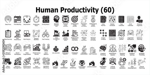 Human productivity icons set. Workflow goal setting time management and achievement concepts