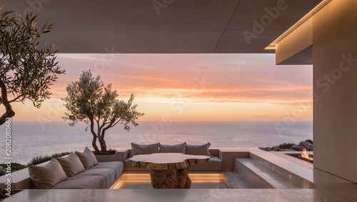 Luxury Terrace with Ocean Sunset View, Modern Outdoor Lounge and Olive Trees