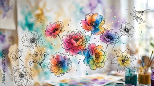  National Coloring Book Day floral illustration with delicate black line art flowers and bright watercolor splashes in the background. Creative coloring and relaxing art therapy concept.
