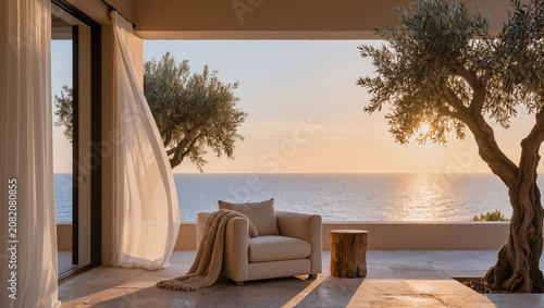Luxury Terrace with Ocean View at Sunset - Mediterranean Resort Balcony with Olive Trees