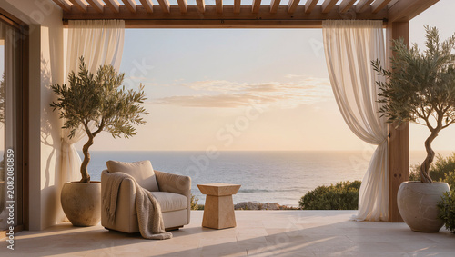 Luxury Terrace with Ocean View at Sunset - Mediterranean Style Outdoor Living