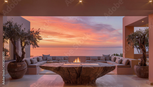 Luxury Terrace with Ocean View at Sunset - Outdoor Fire Pit and Modern Seating