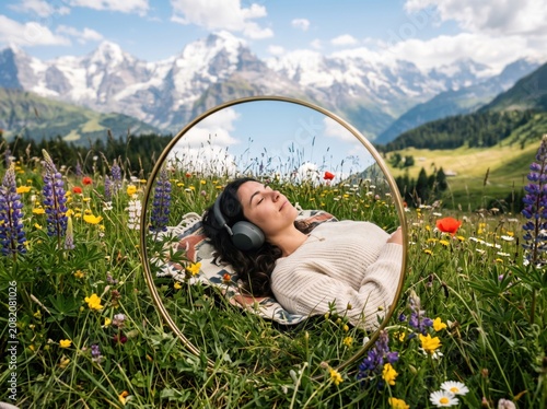 Reflection in a round mirror of a person in headphones relaxing in nature