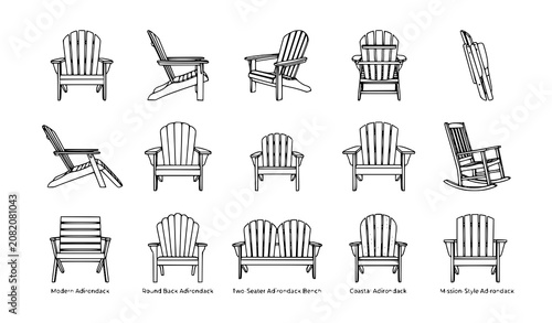 Foto Outdoor Adirondack Chair Outline Vector Set with Rustic Patio Garden Porch Furni