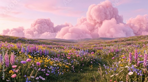 Dreamy Wildflower Meadow Under Pink Cloud Sky