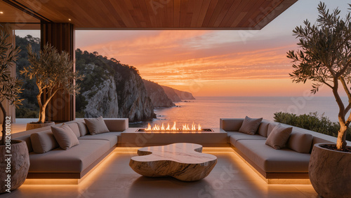 Luxury Terrace with Ocean View at Sunset: Modern Seating, Fire Pit, and Coastal Scenery