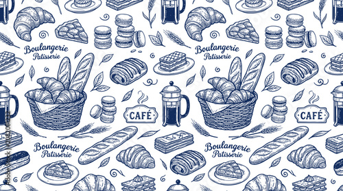 Foto Hand-Drawn Bakery Pattern: Croissants, Bread, Pastries, Coffee - Seamless Textur