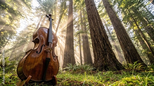 Worms eye view of a classic cello in a majestic sunlit redwood forest.