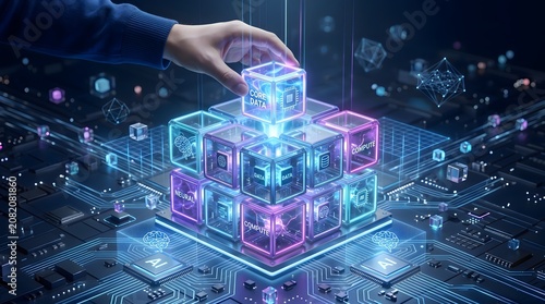 Enterprise data architecture concept with hand placing glowing core data cube into futuristic quantum computing network processor