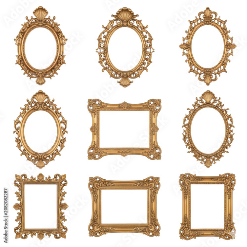 Eight distinct ornate picture frames with baroque and rococo gold leaf scrollwork arranged in a grid on a transparent background elegant luxury aesthetic