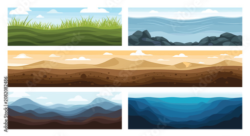 Collection of horizontal landscape banners featuring hills, oceans, deserts, and mountains in different environmental layers for games.