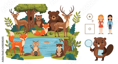 Forest scene with wild animals and characters including deer, bears, foxes, and beavers near a peaceful river for kids.
