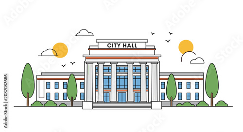 Municipal city hall building illustration featuring classic architectural columns with decorative trees and sunny sky background.