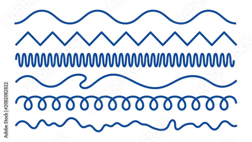 Set of various blue wavy and zigzag line patterns