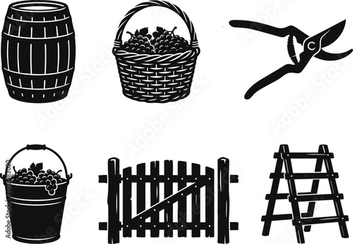 Fotografie Vineyard harvest and winemaking equipment black silhouette vector icons set with