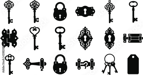 Vintage Antique Keys Locks and Door Hardware Black Silhouette Vector Icon Collection
