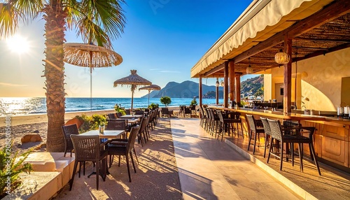 A serene beachside bar with outdoor seating and palm trees