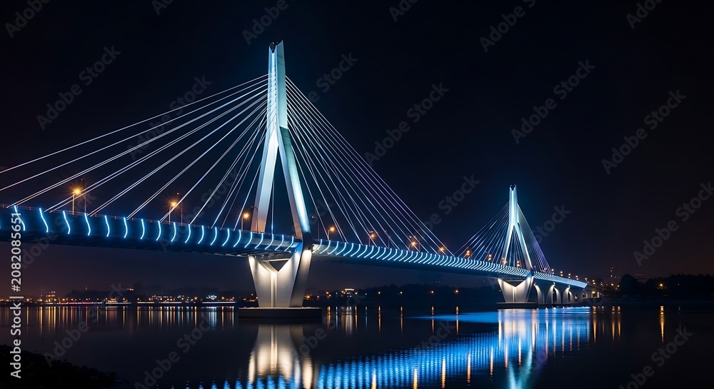 Obraz premium Large cable stayed bridge illuminated with bright blue neon lights