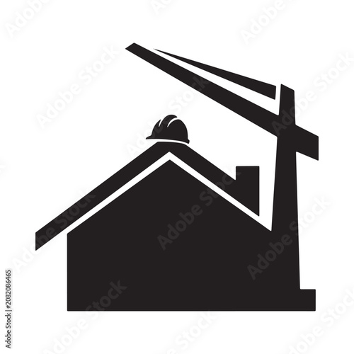 Construction Crane And Building Silhouette Black On White Background