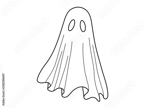 Classic spooky Halloween ghost figure draped in a sheet outline illustration