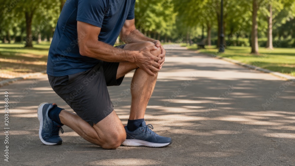 Fototapeta premium Athletic man kneels on a paved park path holding his knee in apparent pain after running. He wears a navy shirt, dark shorts and running shoes while sunlight