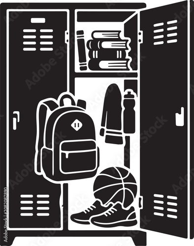 Student Locker Essentials with Backpack Books and Sports Gear Vector Illustration
