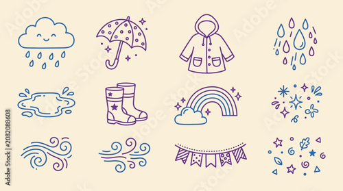 Konstfotografi Cute two-tone line art weather and seasonal icons collection featuring rain, umbrella, raincoat, puddle, boots, rainbow, snow, wind, and festive bunting