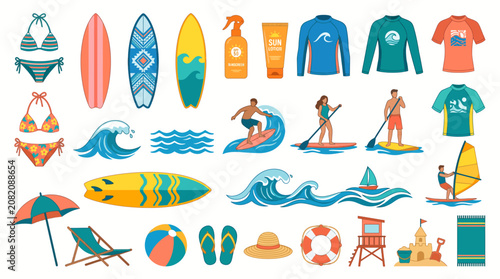 Vector beach activities and water sports illustrations set including surfboards swimwear and people surfing