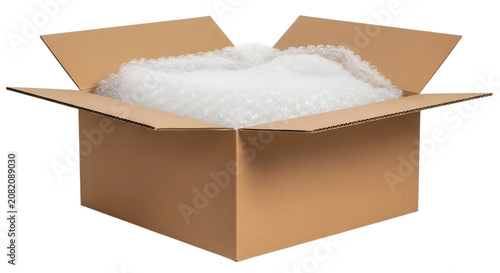 Open cardboard box with bubble wrap isolated on transparent background. Open cardboard box filled with bubble wrap ready for shipping on transparent background. 