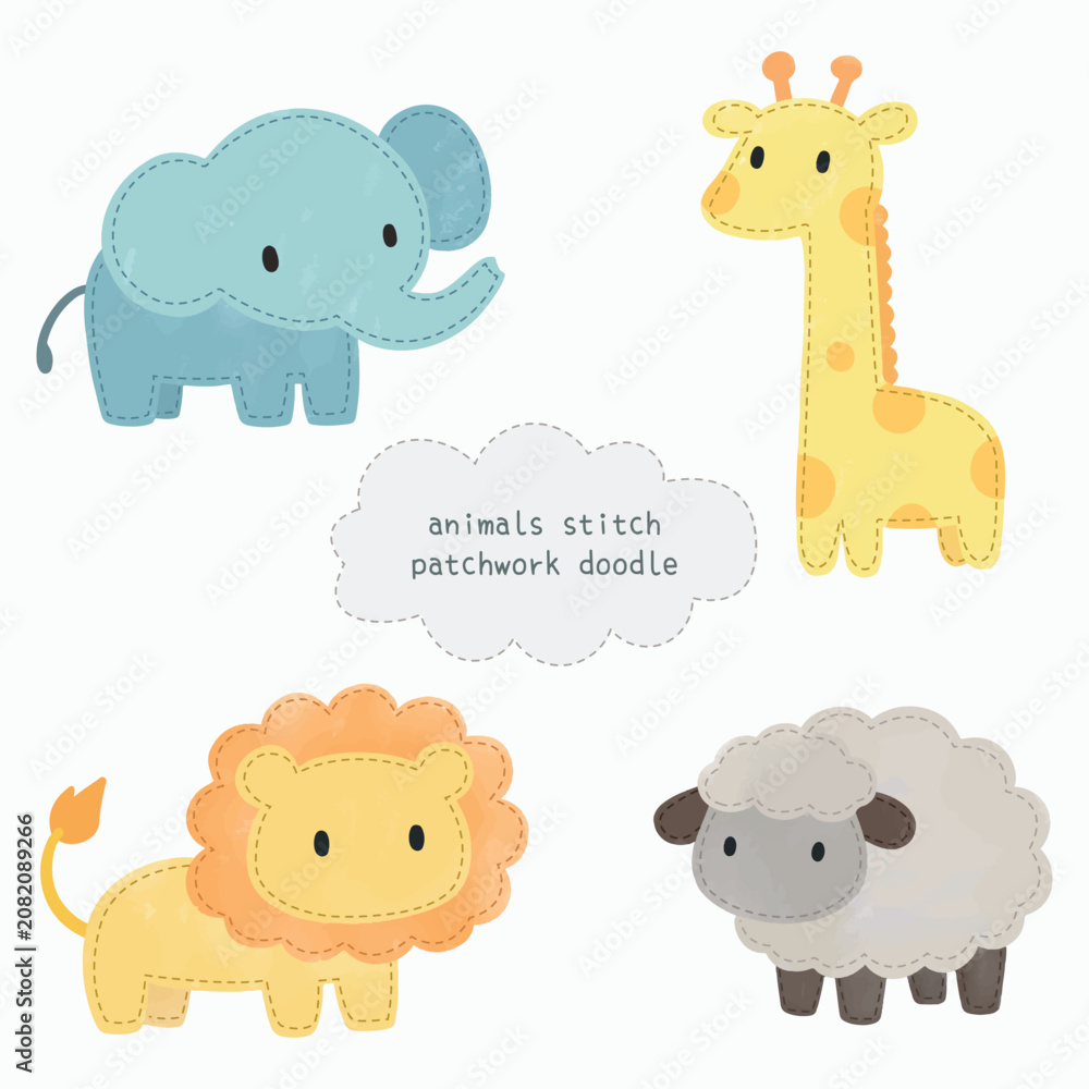 Obraz premium Cute hand drawn watercolor baby animals patch doodle hand drawn illustration stitch plushies clipart vector collection set for children
