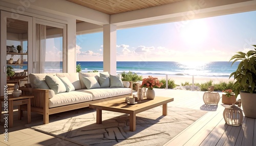 A serene beachside porch with a wooden couch and coffee table overlooking the ocean