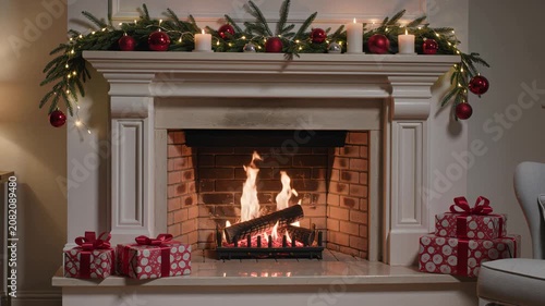 Burning fire in a classic white fireplace decorated with evergreen garland and red ornaments, wrapped gift boxes on hearth for Christmas home interior and holiday warmth