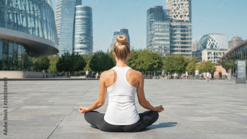 Fototapeta premium A woman in a white tank top practices meditation, sitting cross-legged on a gray stone plaza with tall office buildings and skyscrapers in the background