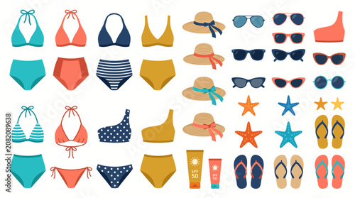 Vibrant Summer Beach Vacation Essentials Flat Lay Collection Showcasing Stylish Swimwear, Chic Sun Hats, Trendy Sunglasses, and Fun Flip-Flops