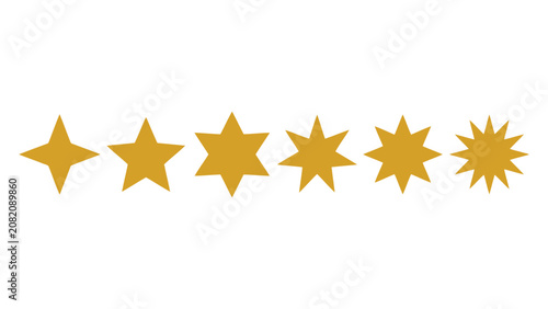 Set of six different golden star shapes in a row