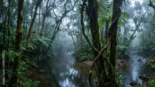 Raw tropical rainforest river framed by mossy tree trunks and hanging vines in Puerto Rico