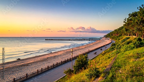 A serene beachside promenade at sunset with a paved walkway, wooden fence, and lush greenery