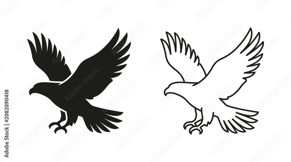 Fototapeta premium Eagle Silhouette And Line Art Illustration On White Background