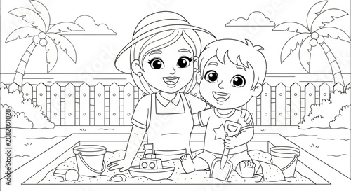 Two children playing together in a sandbox drawing.