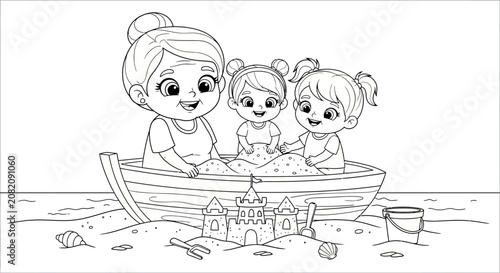 Mother and children playing in a boat on the beach.