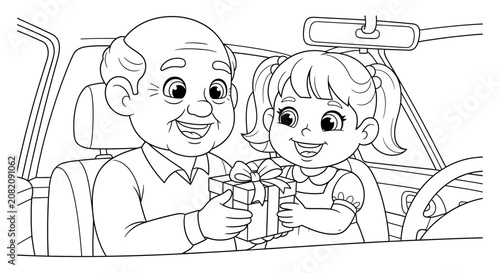 Elderly man and young girl sharing a gift in a car.