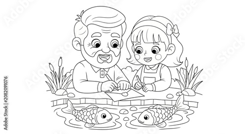 Children Fishing Together by the Pond.