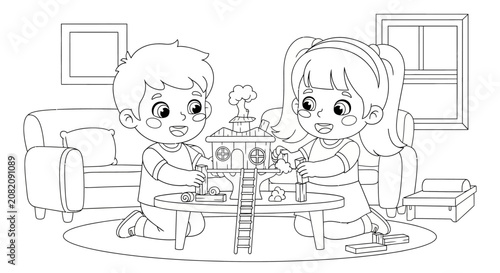 Children playing with a dollhouse together indoors.