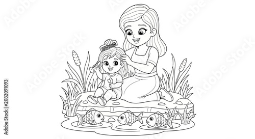 Mother and child sitting by pond with fish and plants.
