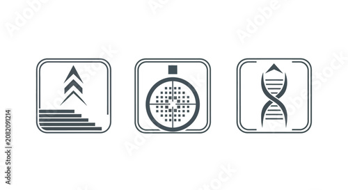 Three minimalist icons representing different scientific and technical concepts.