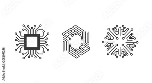 Three intricate circuit board design icons in black and white.