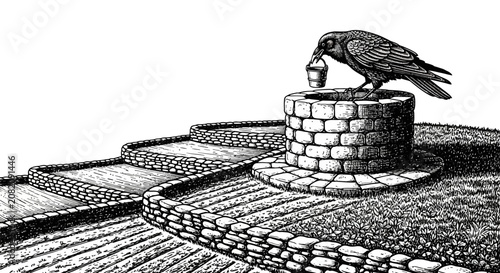 Black crow perched on a stone well in a village.