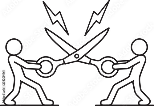 Cuadro en lienzo Stick figure illustration of two people pulling apart scissors with sparks flyin